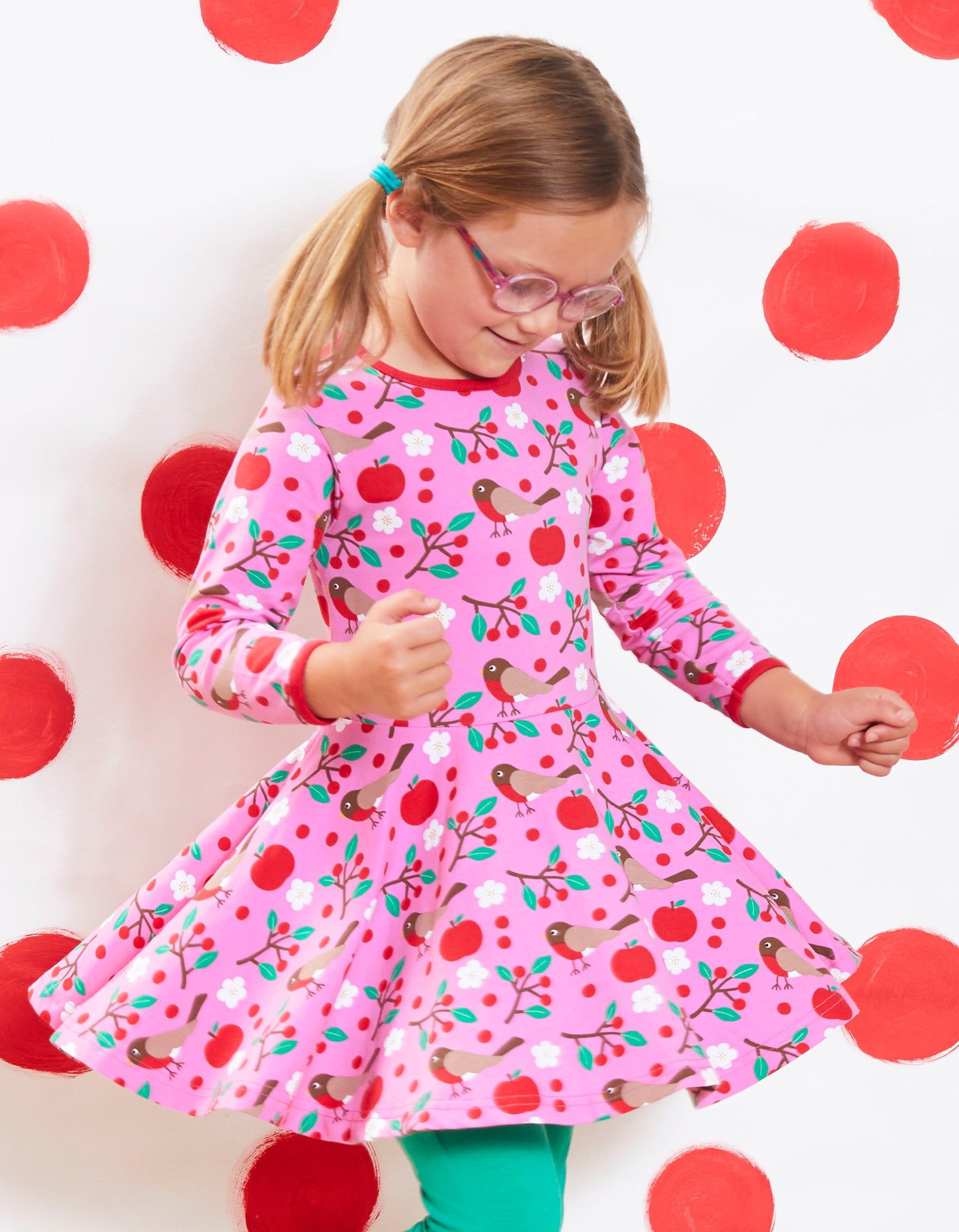 Toby Tiger Skater Kleid mit langen Ärmeln und Vogel Print