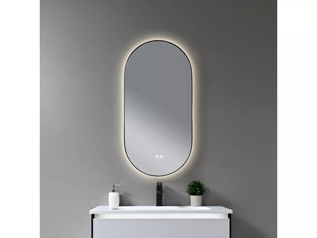 LuxuryBain- Miroir de salle de bain LED 45x90cm ovale anti buée avec cadre en aluminium noir