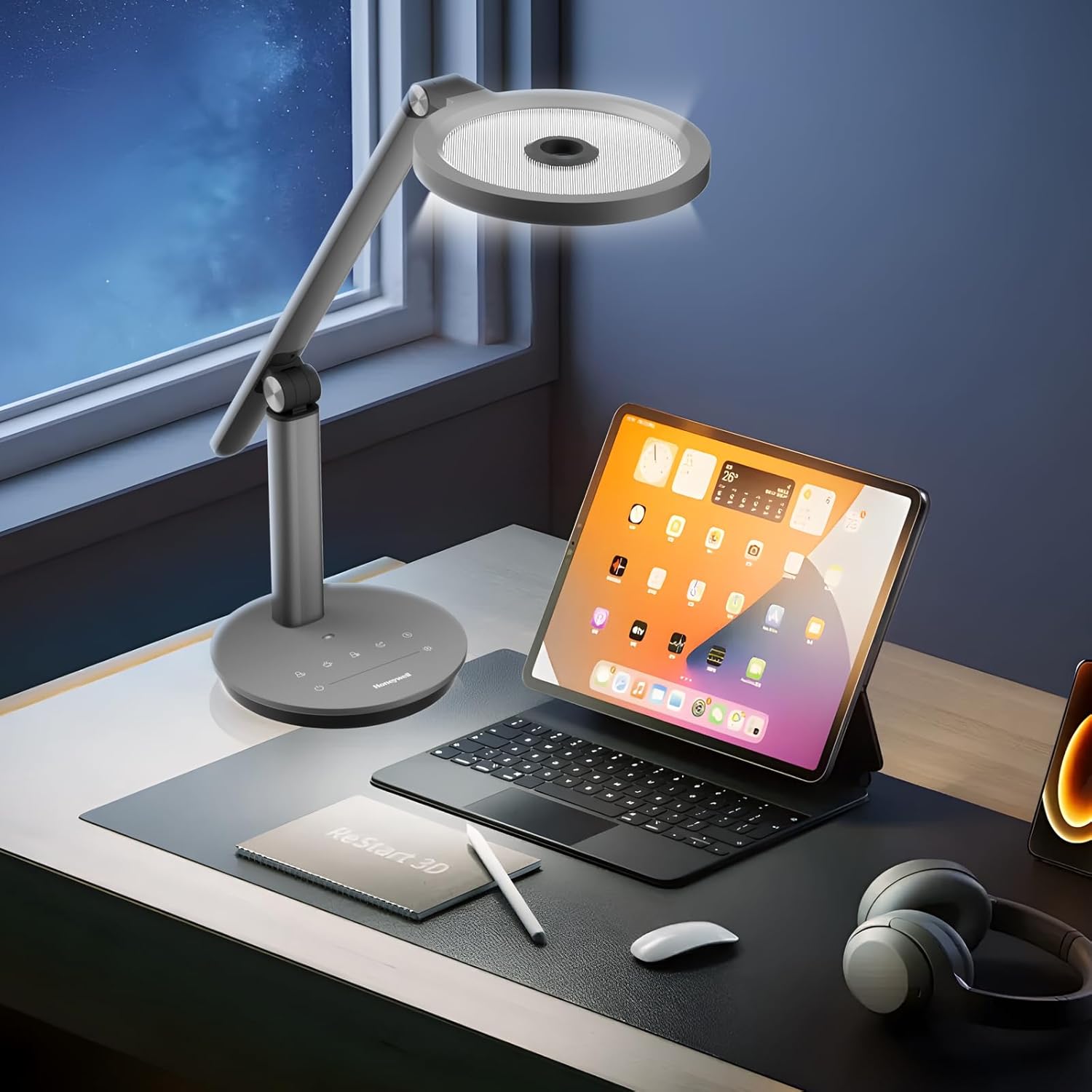 Honeywell Schreibtischlampe,H6 Sunturalux Eye-Care LED Tischlampe Dimmbar, 800LM Tischleuchte Mit Timer, Tischlampe Led mit Touch-Steuerung für Arbeitszimmer, Schlafzimmer(Grau)