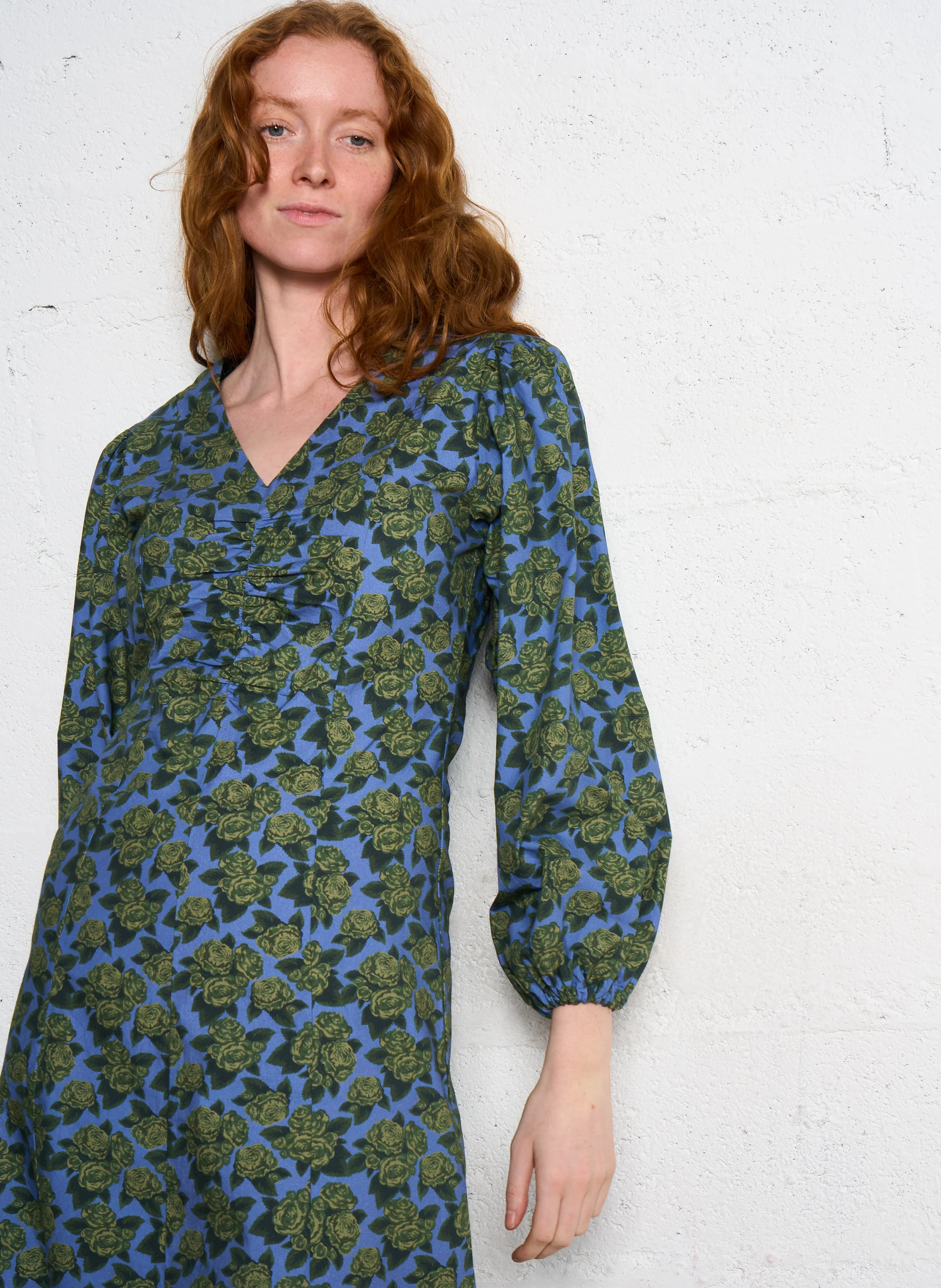 Robe longue en coton imprimé | Bleu