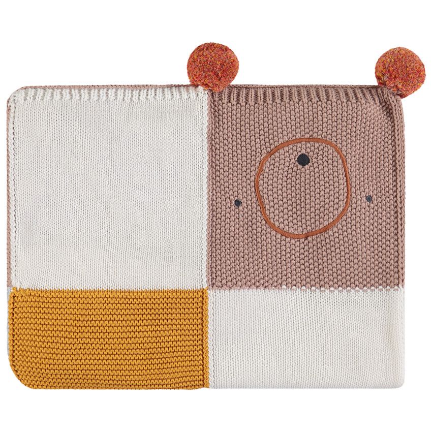 Couverture en tricot à animaux fantaisie effet patchwork - Ecru