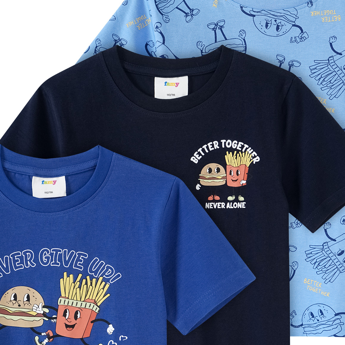 Famy 3 Jungen T-Shirts mit Fast Food Prints blau / dunkelblau / hellblau