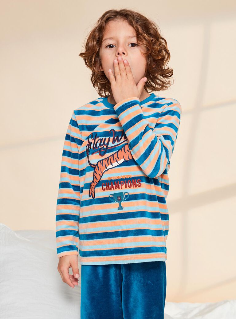 Ensemble pyjama bleu foncé en velours à rayures avec tigre
