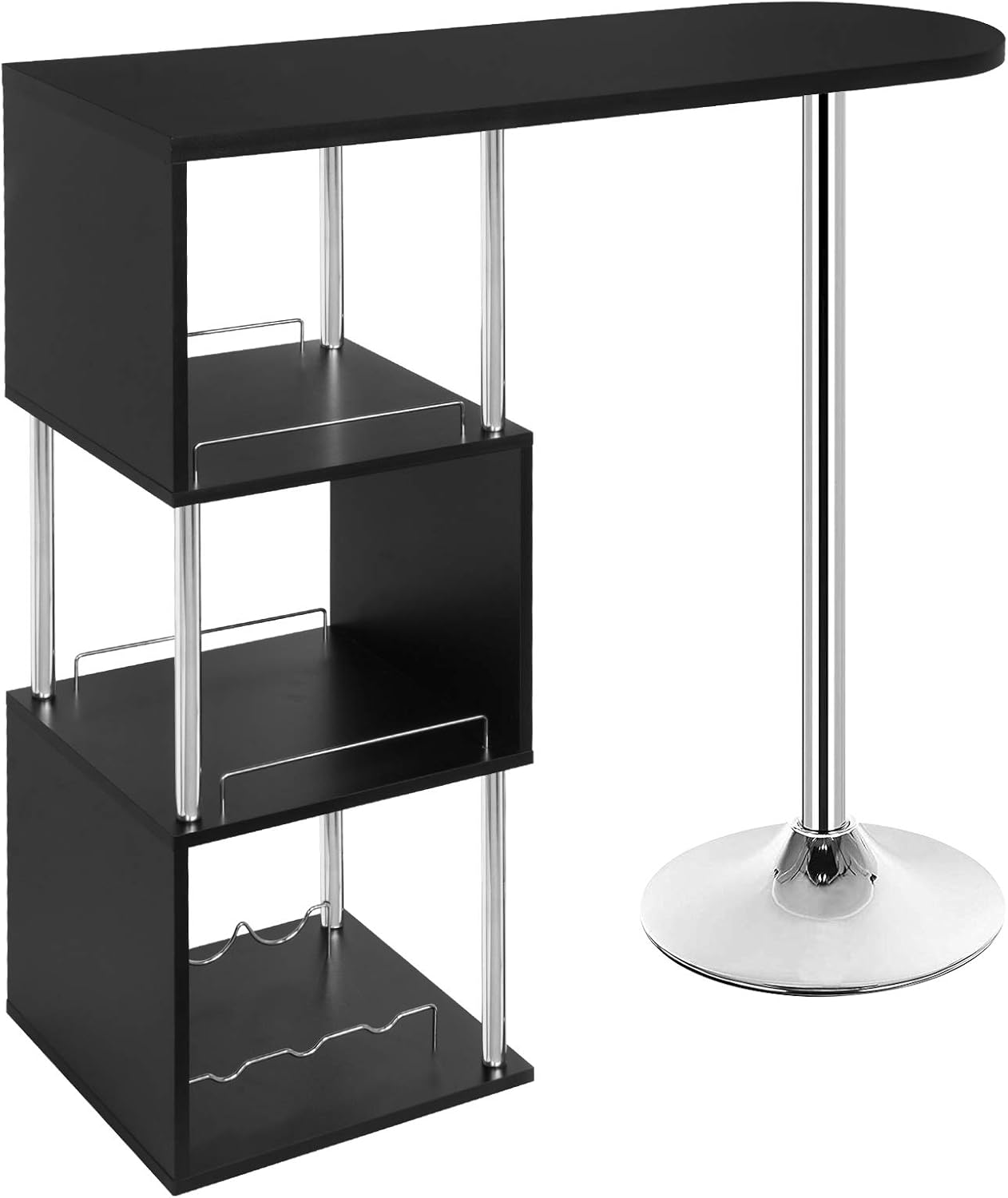 WOLTU S-förmiger Bartisch mit Stauraum, Stehtisch mit Weinregale, Bistrotisch aus Metall & Holz, Bartheke Tresentisch für Küche Bar Wohnzimmer, 113 x 40 x 105cm, Schwarz