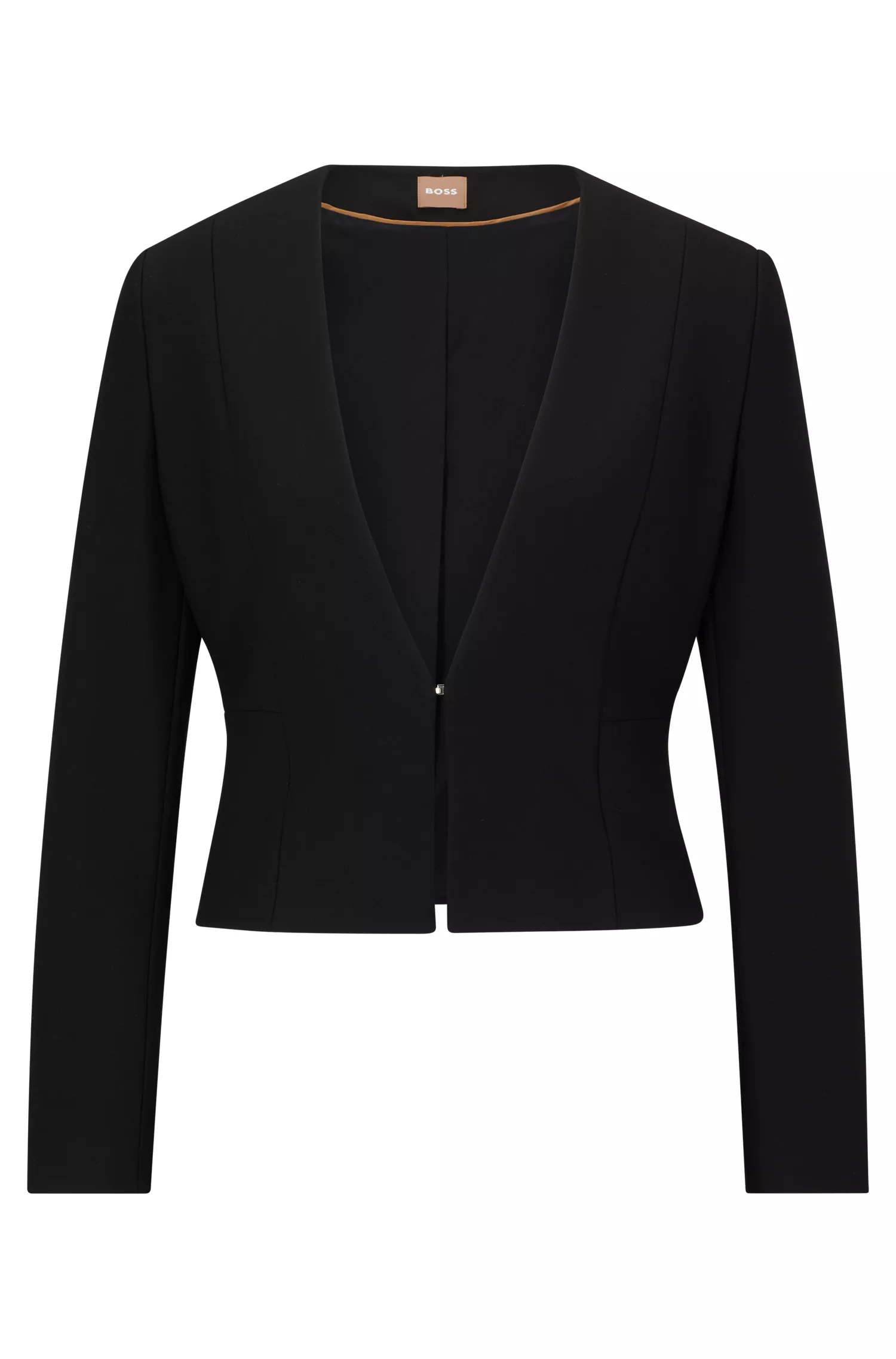 Jaqueta cropped BOSS preta, corte slim, em tecido elástico.