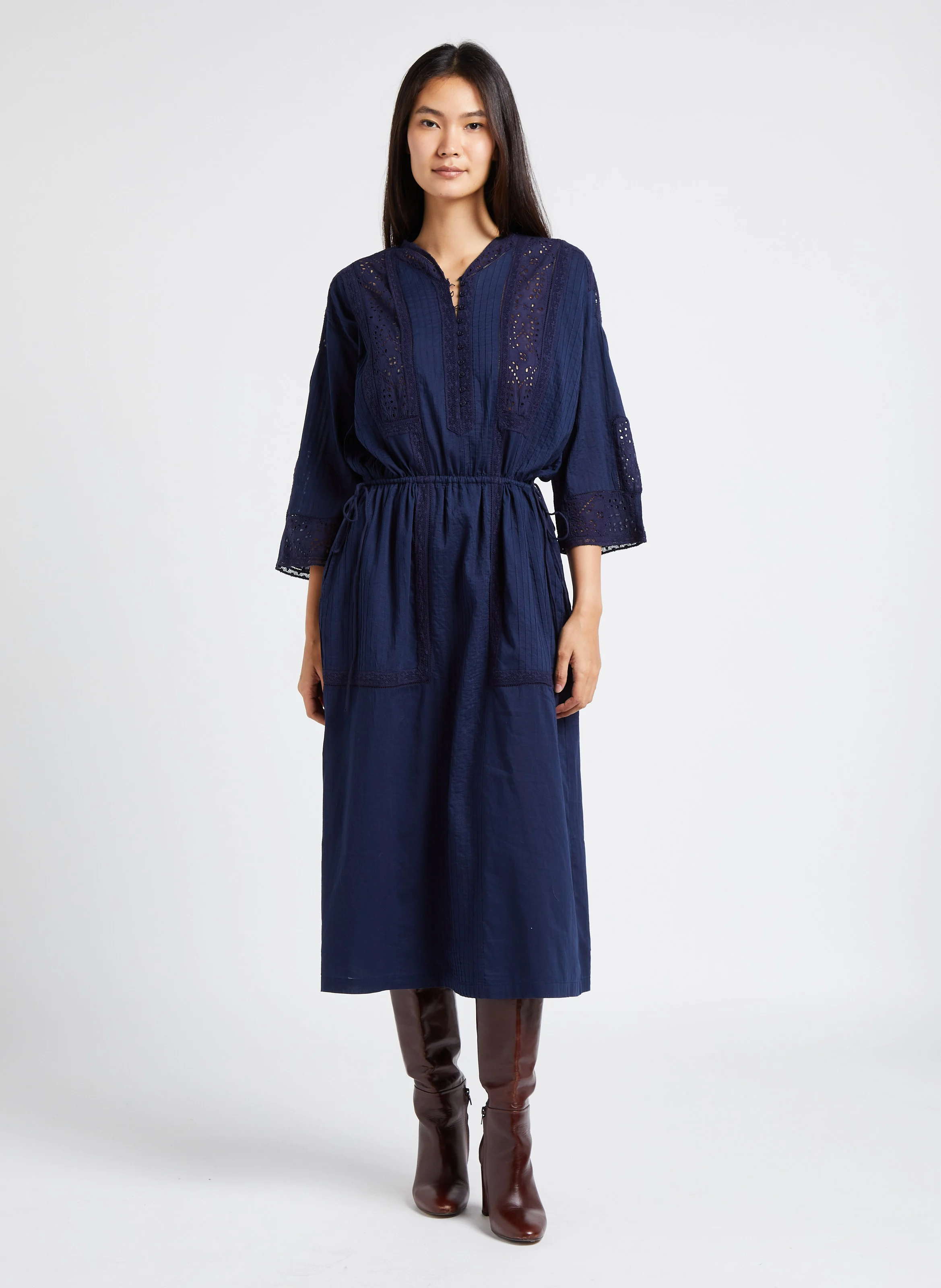 ROXY - Robe midi col V en coton bio| Bleu