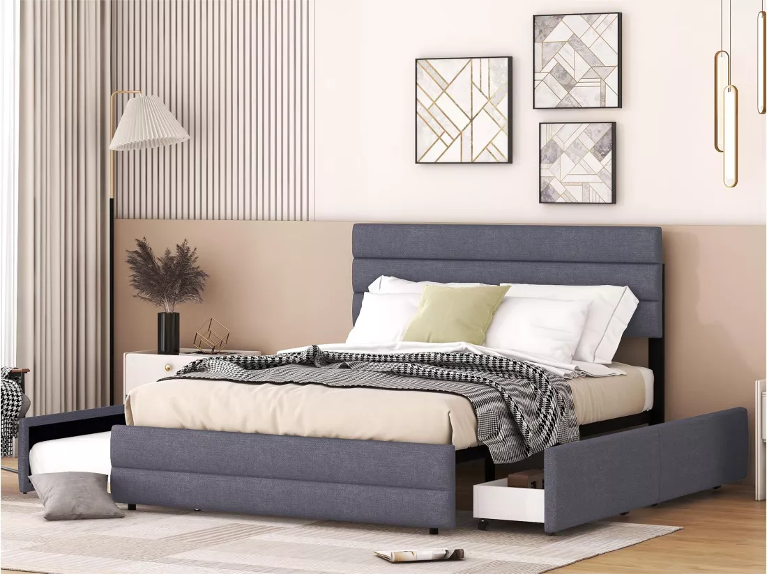 Lit adulte 140x200cm en tissu lin - avec un lit gigogne 90x190cm et 2 tiroirs - tête de lit réglable - Gris