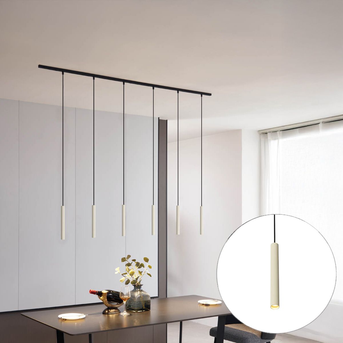 Modern railsysteem met 6 hanglampen beige met zwart 1-fase - Slimline Keno