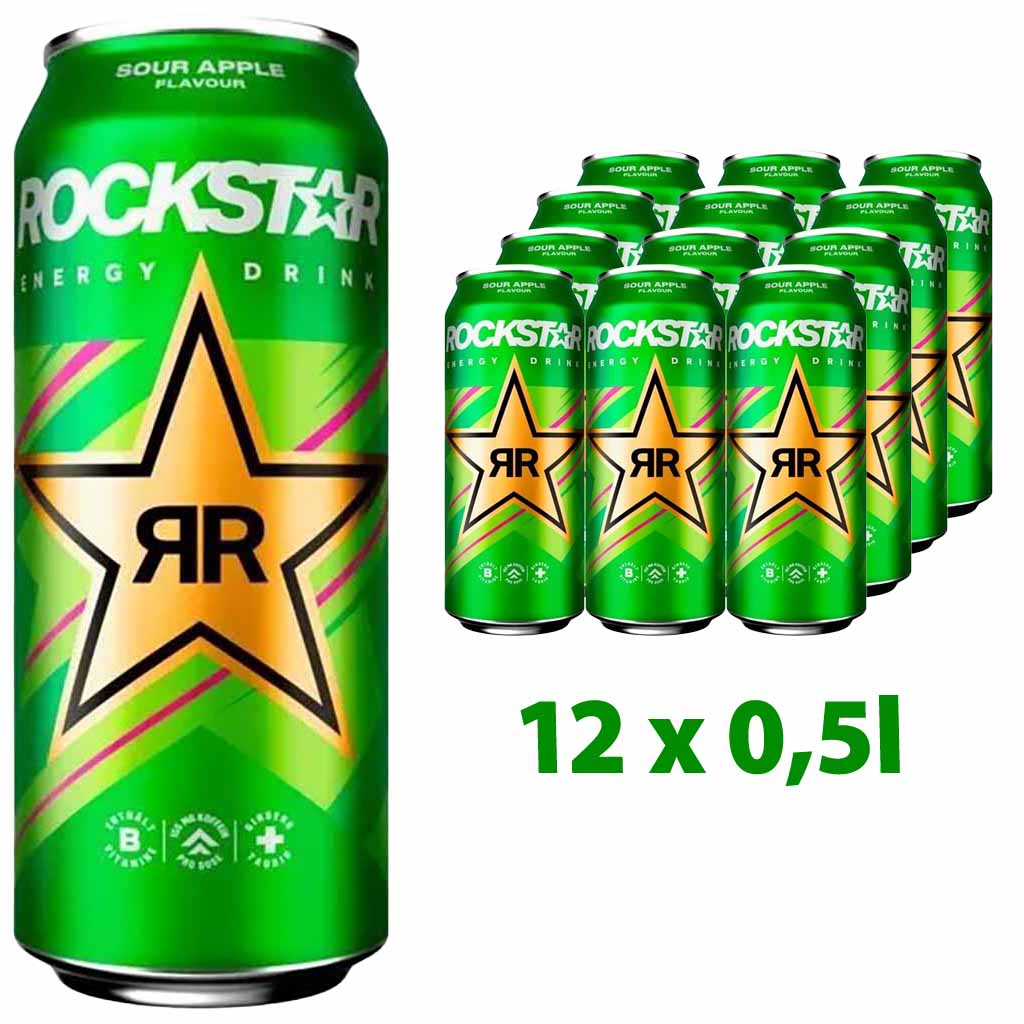 12x Rockstar Energy Drink Sour Apple Flavour Dosen 12x500ml=6L MHD:15.4.26