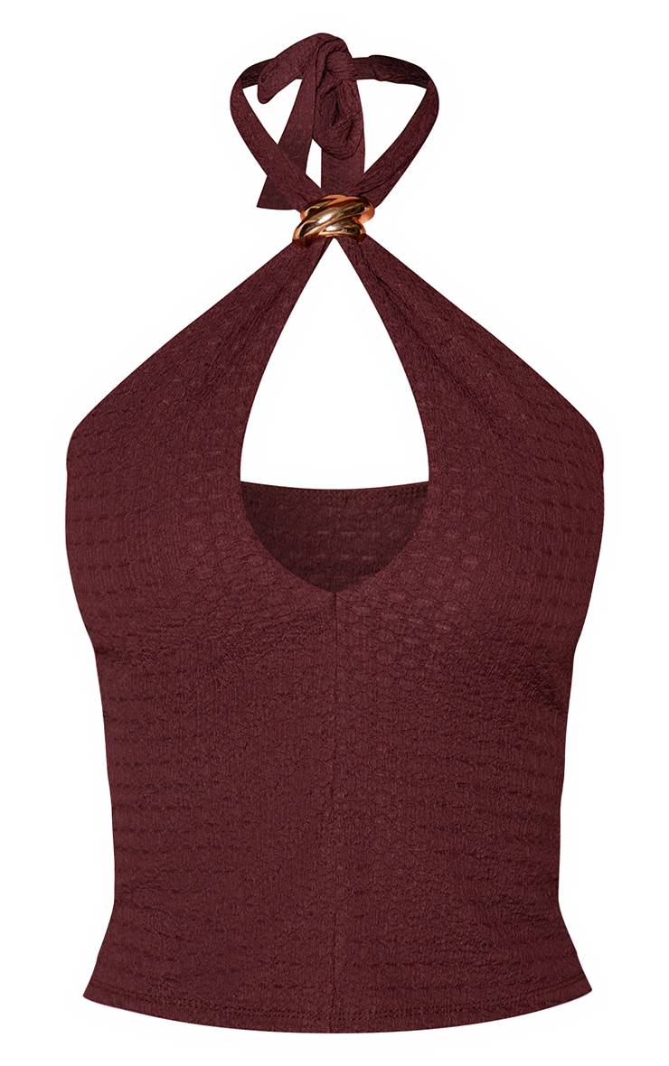 Marron Haut Court Texturé À Col Licou Avec Détails Ornementaux - Ensemble Coordonné