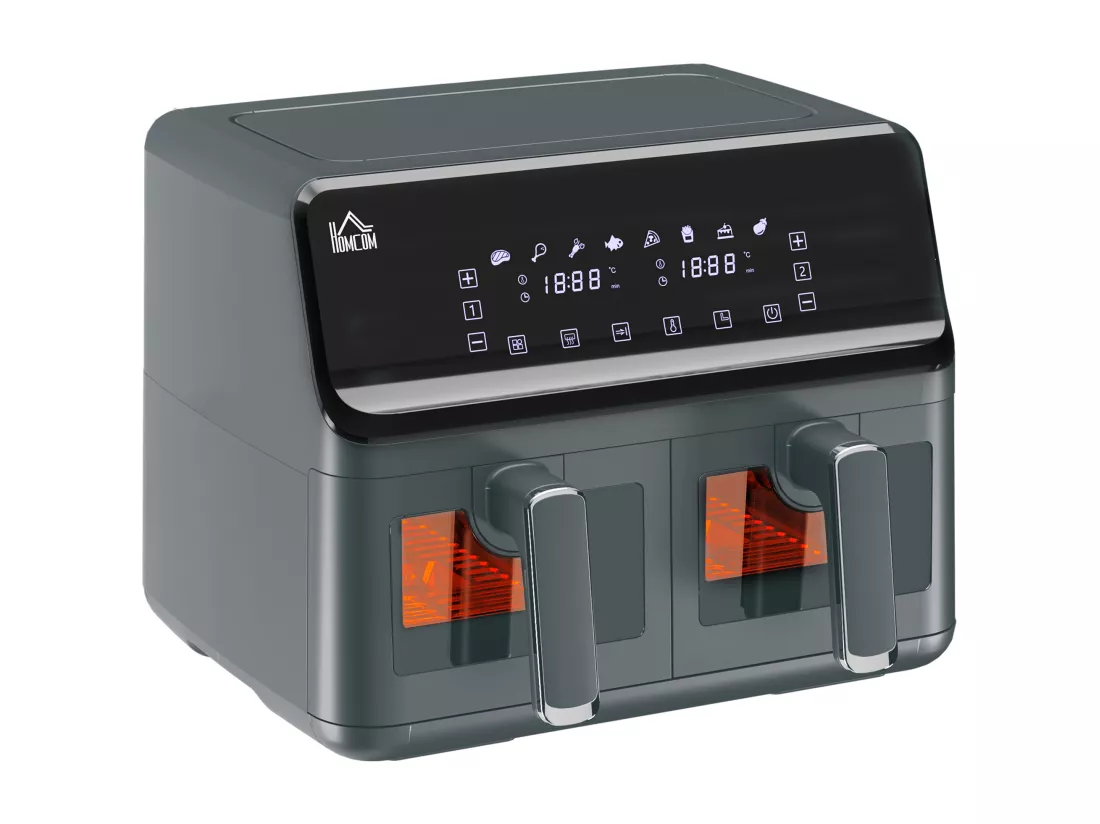 Friteuse à air 2 paniers 2500W 8L - air fryer multifonction 8 programmes - température réglable - timer 60 min. - noir