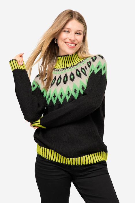 Norwegerpullover, Wollanteil, Stehkragen, Langarm, mit recyceltem Polyester