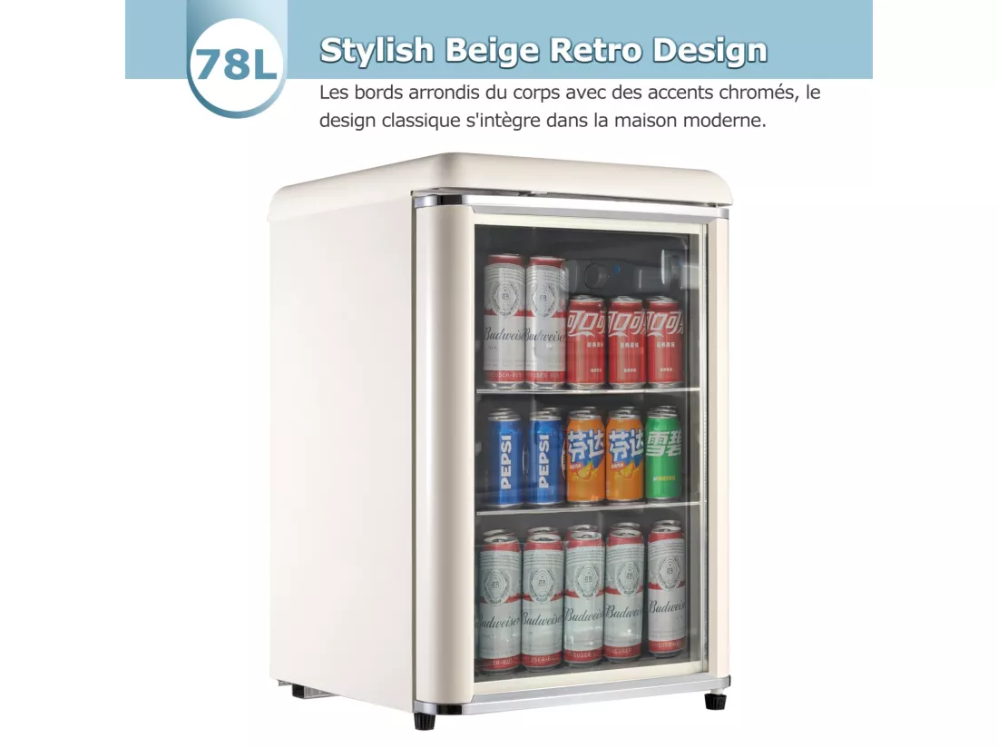 Mini Réfrigérateur 78L, avec porte en verre et LED, étagères réglables, 7 Niveau température 2-12℃, 82kWh/an, 47x47x70cm