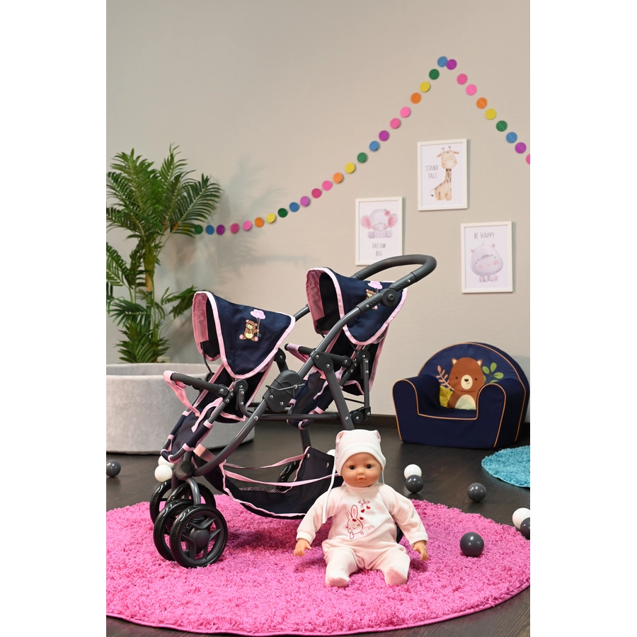 knorr toys® Zwillingspuppenwagen Milo - Navy pink bear blau