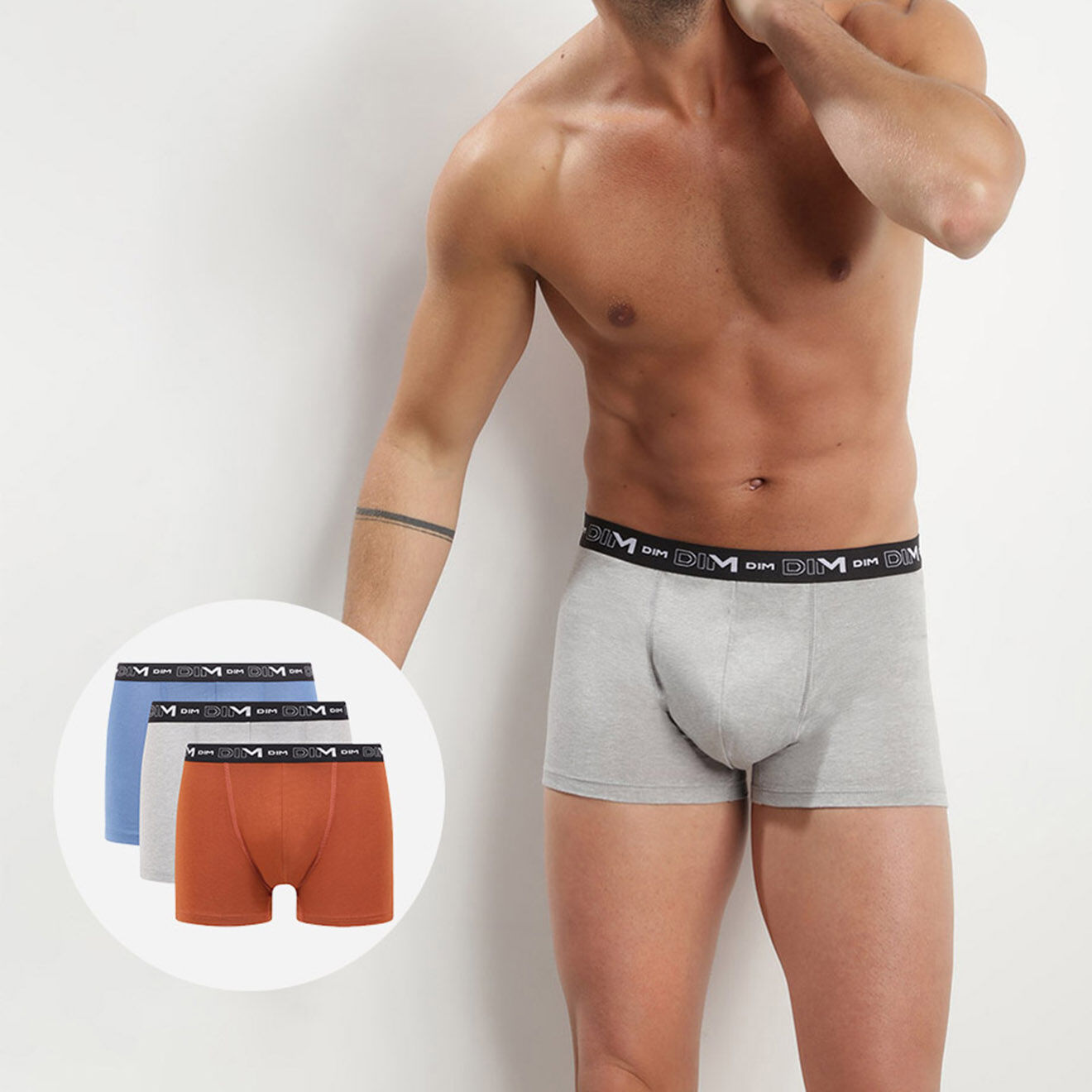 Dim 3 Boxers Coton Stretch gris vaporeux/marron cuivre/bleu turquin