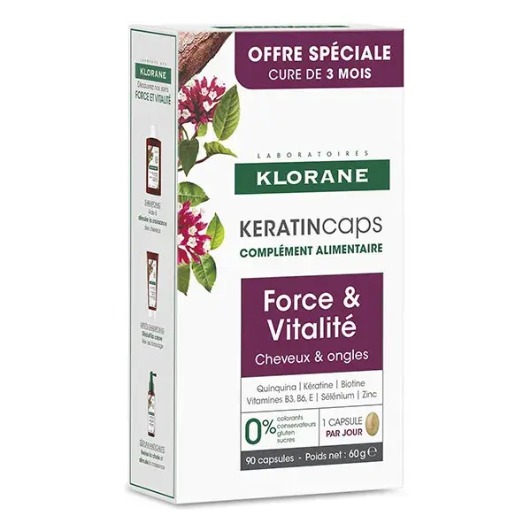 Klorane Keratincaps Força e Vitalidade para Cabelos e Unhas, caixa com 90 cápsulas.
