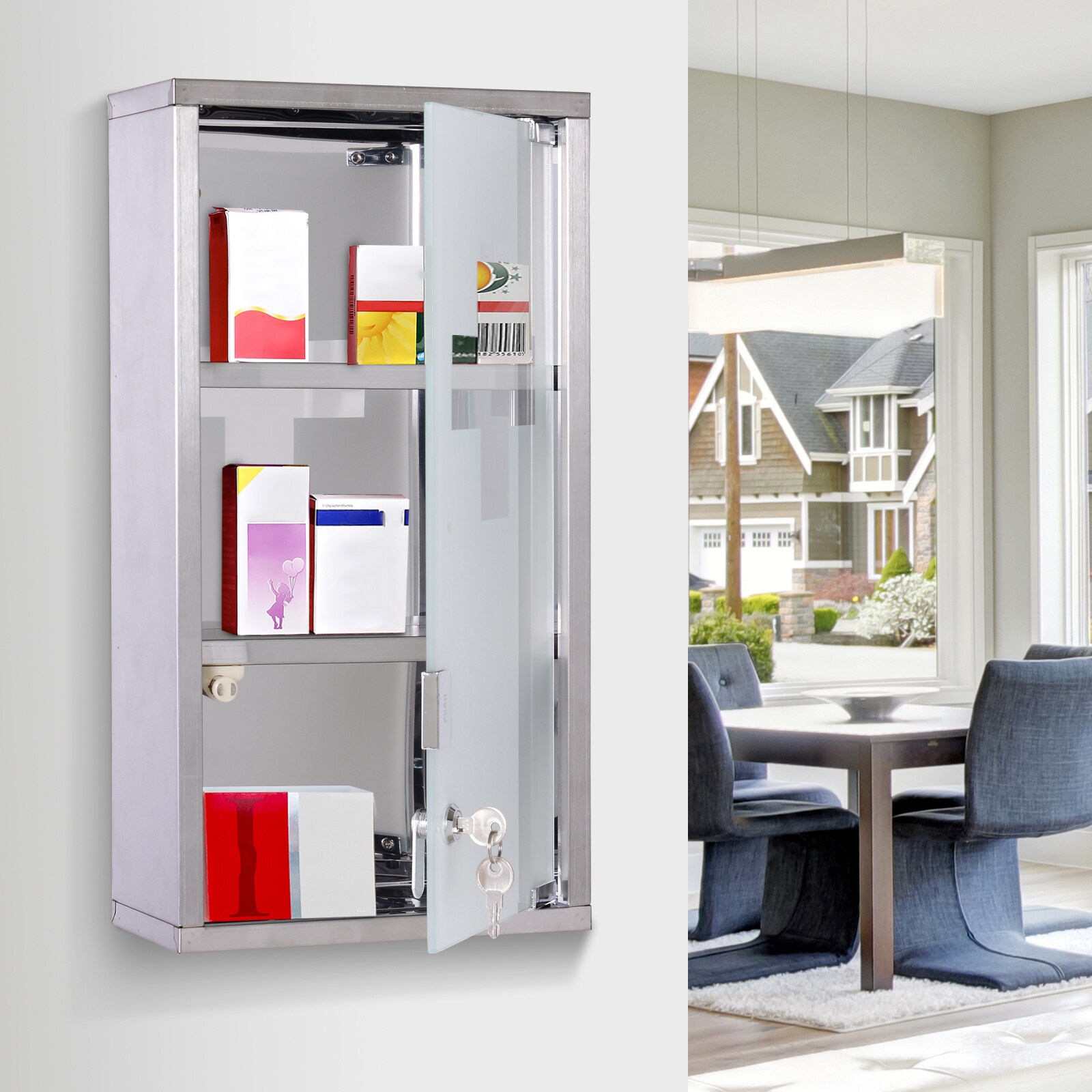 HOMCOM Medikamentenschrank mit 3 Fächer silber 25 x 12 x 48 cm (LxBxH)