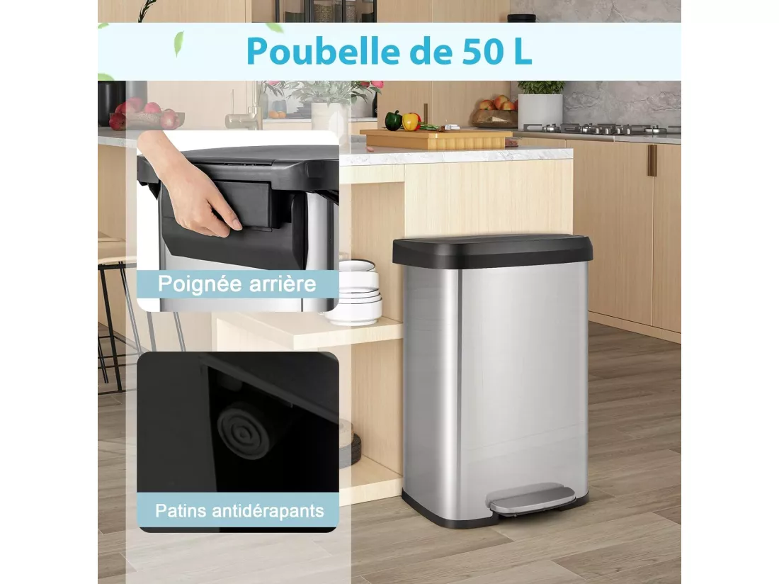 Poubelle Cuisine 50 Litres en Acier Métal, Poubelle Rectangulaire Pédale Amortisseur, Casier Désodorisant, Couvercle Fermeture Douce, Anti-Empreintes, pour Bureau, Salle de Bain (Argent)
