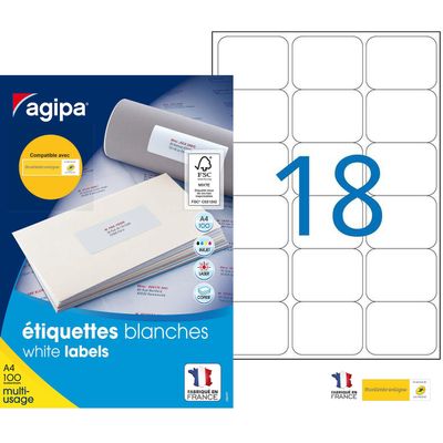 Apli Agipa - 1800 Étiquettes adhésives blanches multi-usages - 63,5 x 46,6 mm - coins arrondis - réf 100981