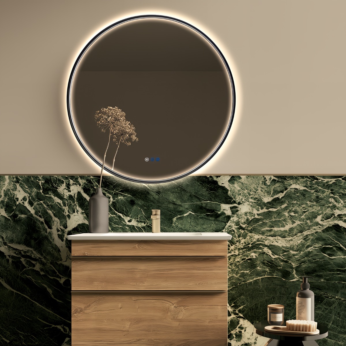 Saniclear Circle Black 2.0 ronde spiegel met verwarming, direct en indirect licht mat zwart 60cm