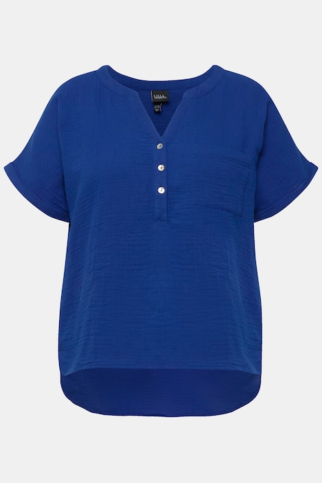 Musselin-Bluse, Oversized, Tunika-Ausschnitt, Halbarm