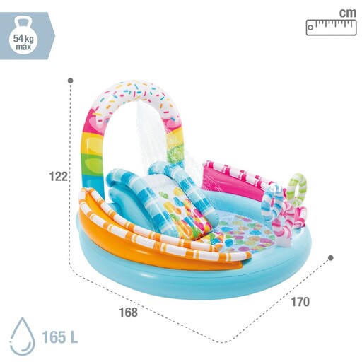 Piscina inflável Intex Candy com difusor, escorregador e jogos de bola.
