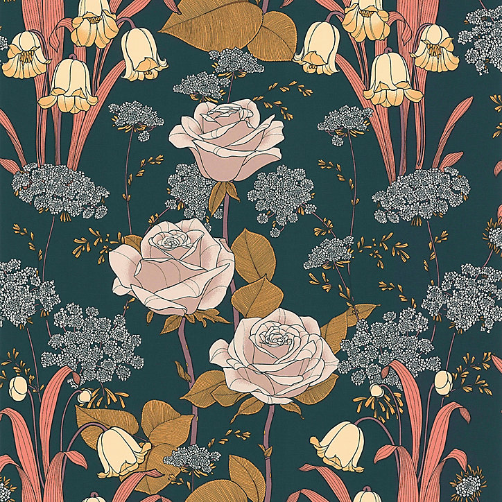 Papier peint Melody vinyle intissé fleur art nouveau marine