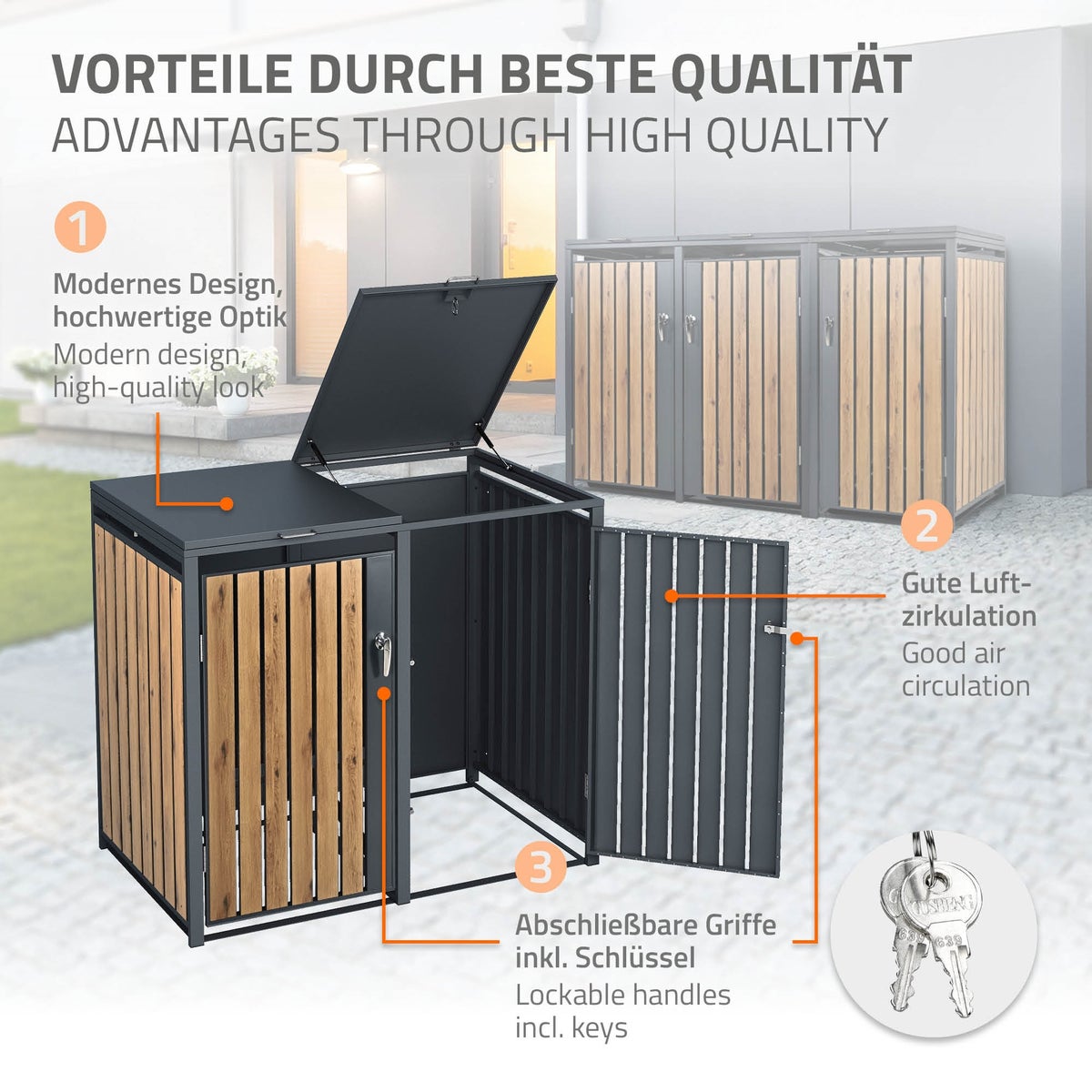 ML-Design 3-baks afvalcontainer, 3 bakken, 240L per stuk, 200x80x116,3cm, antraciet eiken look, staal, weerbestendig/afsluitbaar, afvalbakbehuizing met klapdeksel/3 deuren, afvalbakbox, afvalbakcontainer, afvalbakdeksel