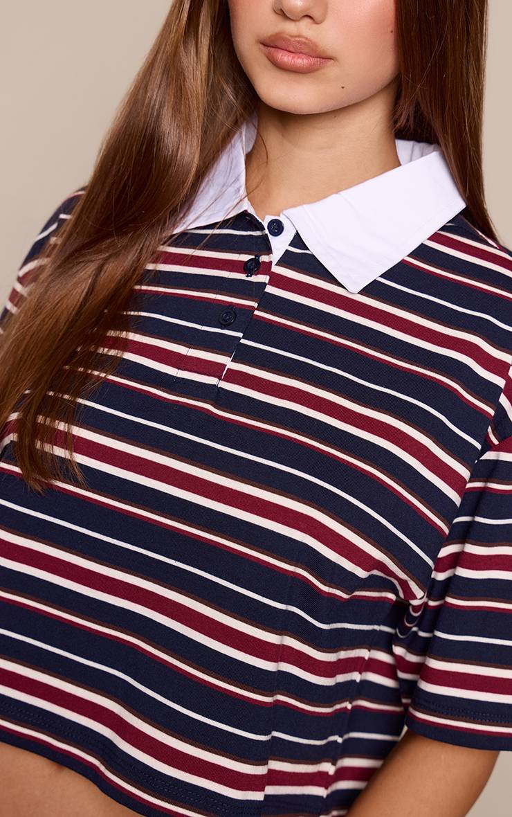 Bleu Marine T-shirt Rayé Court À Col Avec Détails Et Manches Courtes