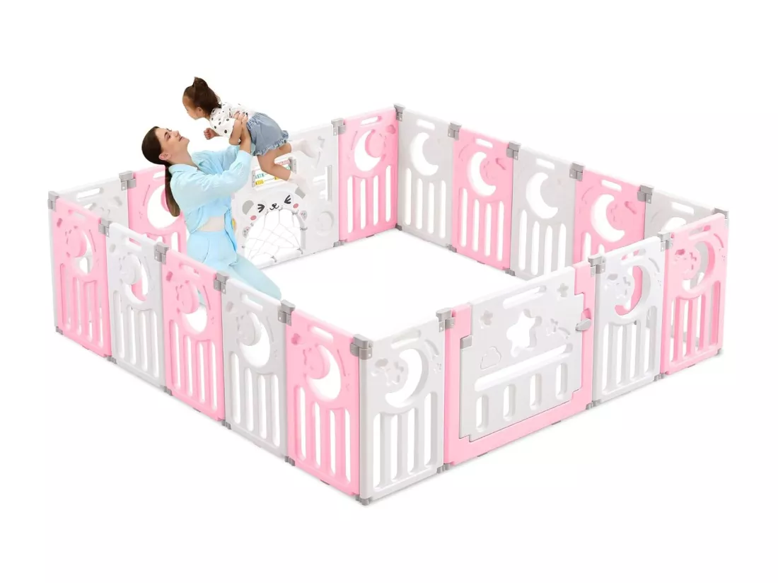Parc Bébé 16+2 Panneaux,Barrière de Sécurité Portail Parc XXL,Grille de Protection en Plastiqu Ecologiques avec Porte,190x190cm,Rose