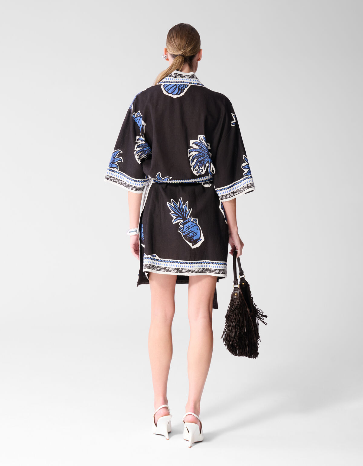Palm Print Kimono Mini Jurk Bruin