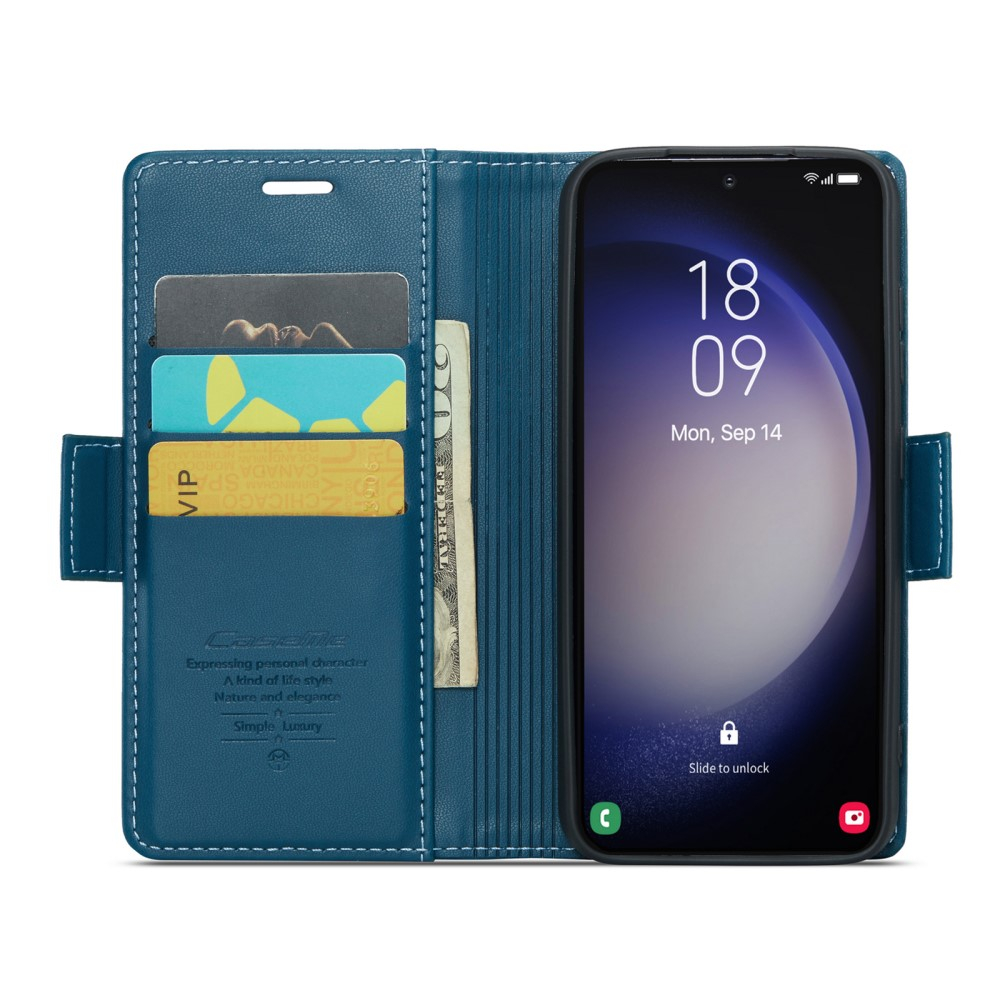 Samsung Galaxy S23 Leder Tasche Flip Wallet Etui mit Kartenfächern Litchi Look (RFID Schutz) - Blaugrün