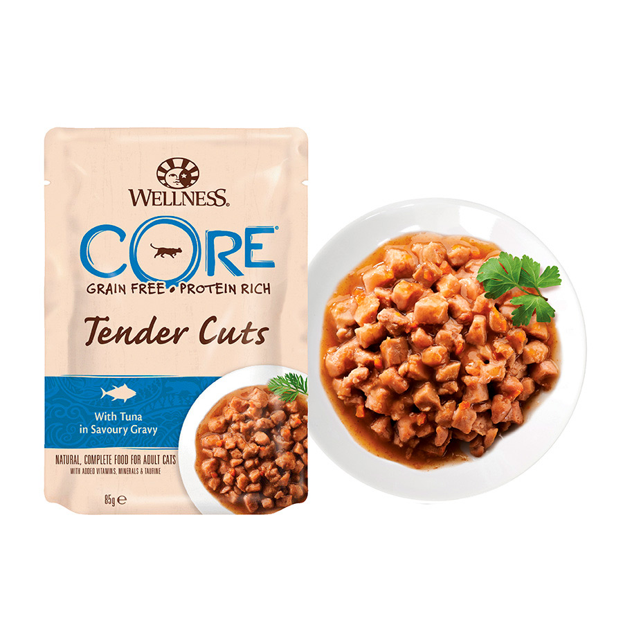Sachê de 85g de atum Wellness Core Tender Cuts em molho para gatos
