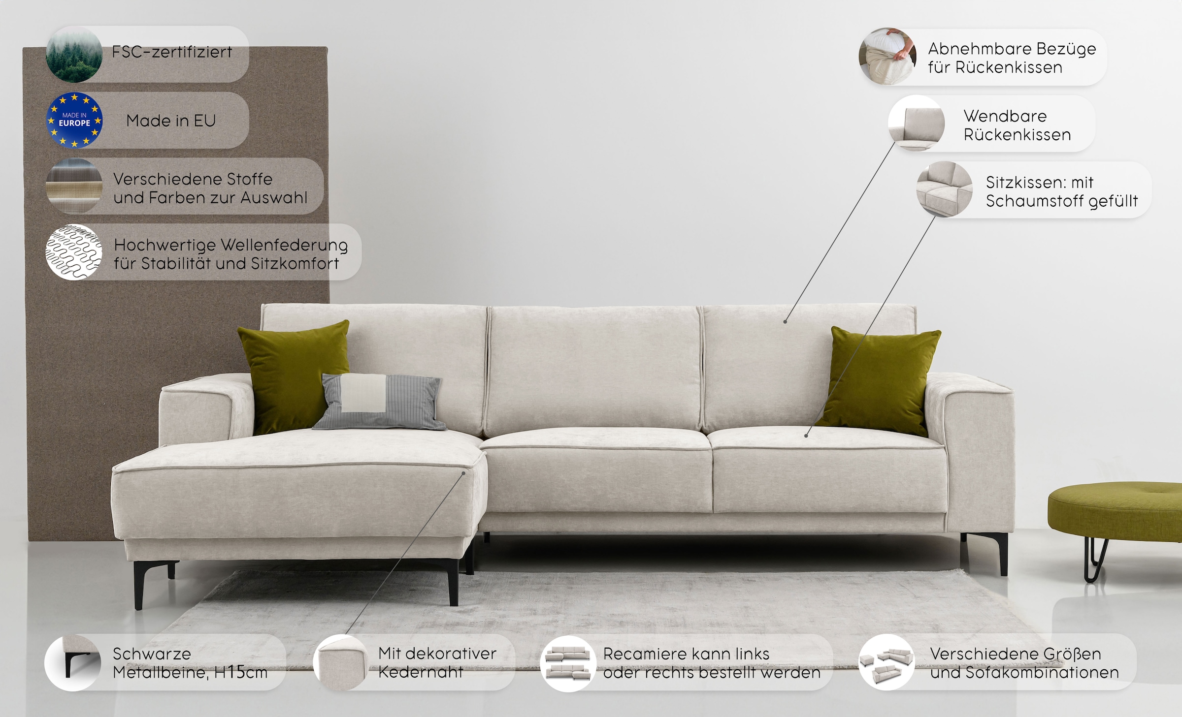 GOODproduct Ecksofa »Polsterecke Oland, Struktur, Flachgewebe, Luxus-Microfaser, Boucle« L-Form, 280 cm, Wellenunterfederung, Skandi-Design, Metallfüsse