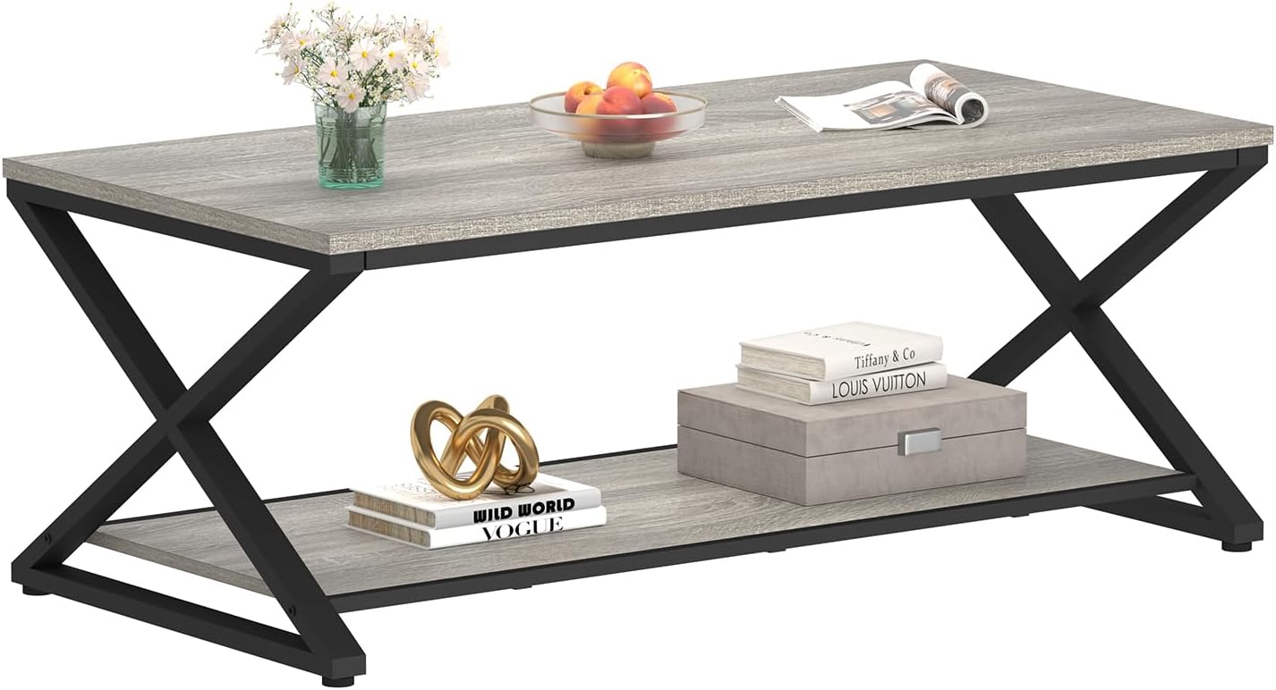 HSH Couchtisch mit Stauraum Grau Wohnzimmertisch Industrielles Holz und Metall Teetisch Rechteckiger Sofatisch für Wohnzimmer Büro Schlafzimmer 120B cm
