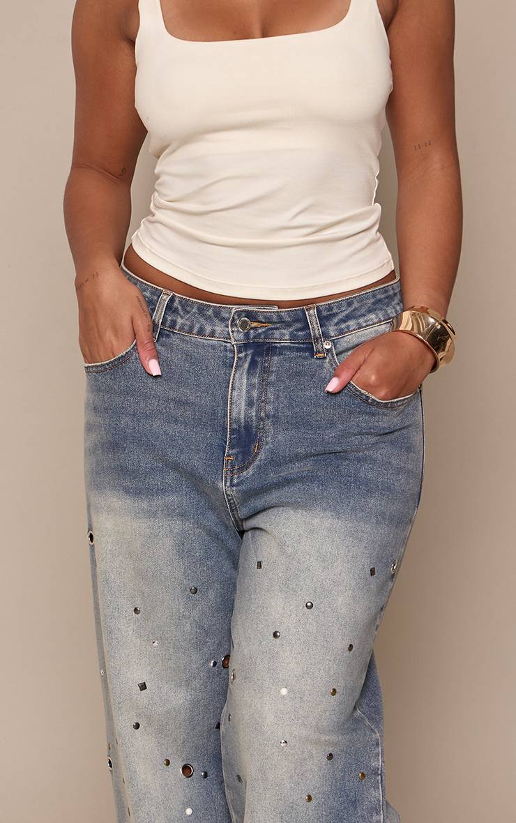 Bleu Jean Droit À Détails Cloutés Vintage Shape