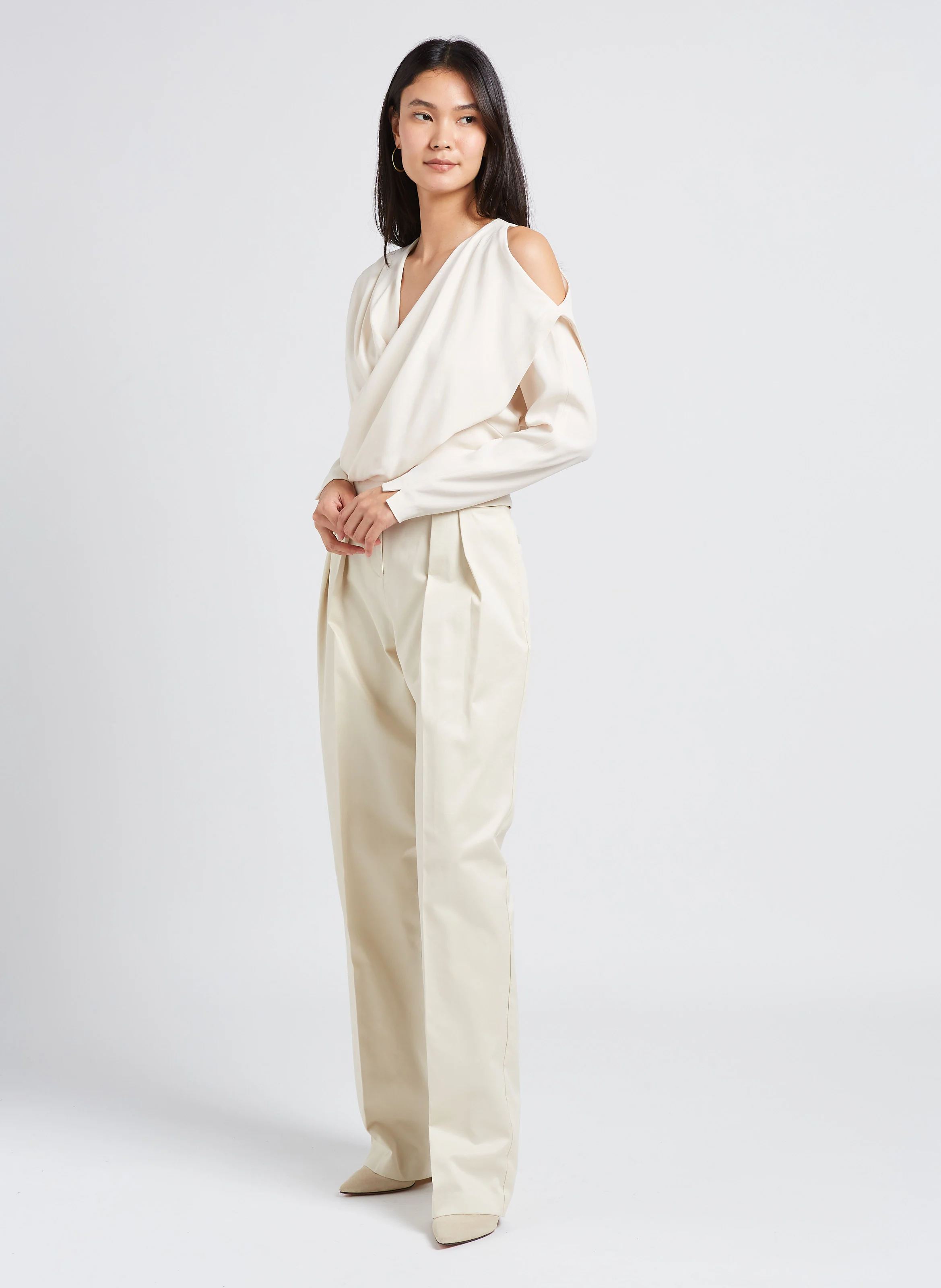 OSNI - Pantalon droit taille haute à pinces en coton | Blanc