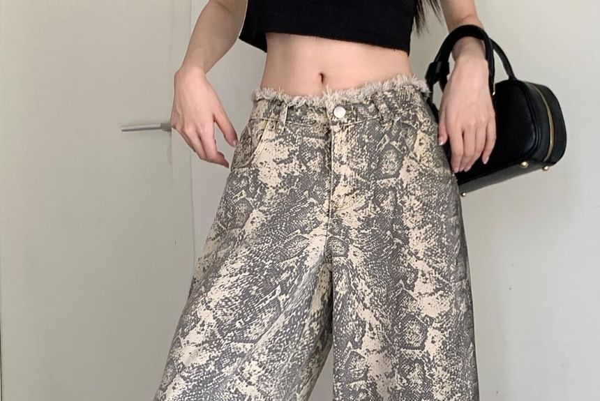Chisan - Slangenprint Hoge Taille Wijde Pijpen Jeans