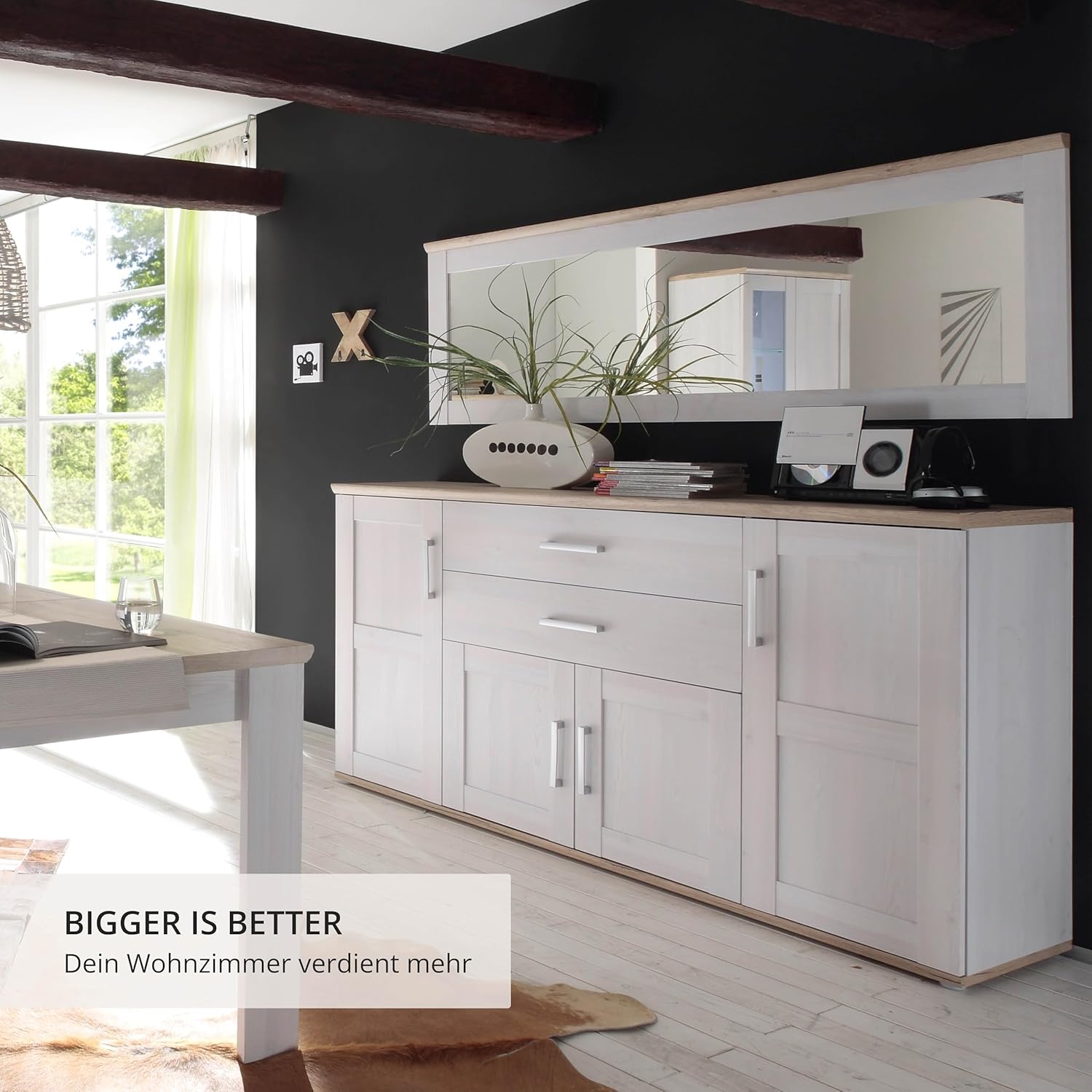 Stella Trading ROMANCE Sideboard in Sibiu Lärche / Eiche San Remo Optik - Landhausstil Kommode mit viel Stauraum für Ihr Wohnzimmer - 186 x 100 x 46 cm (B/H/T)