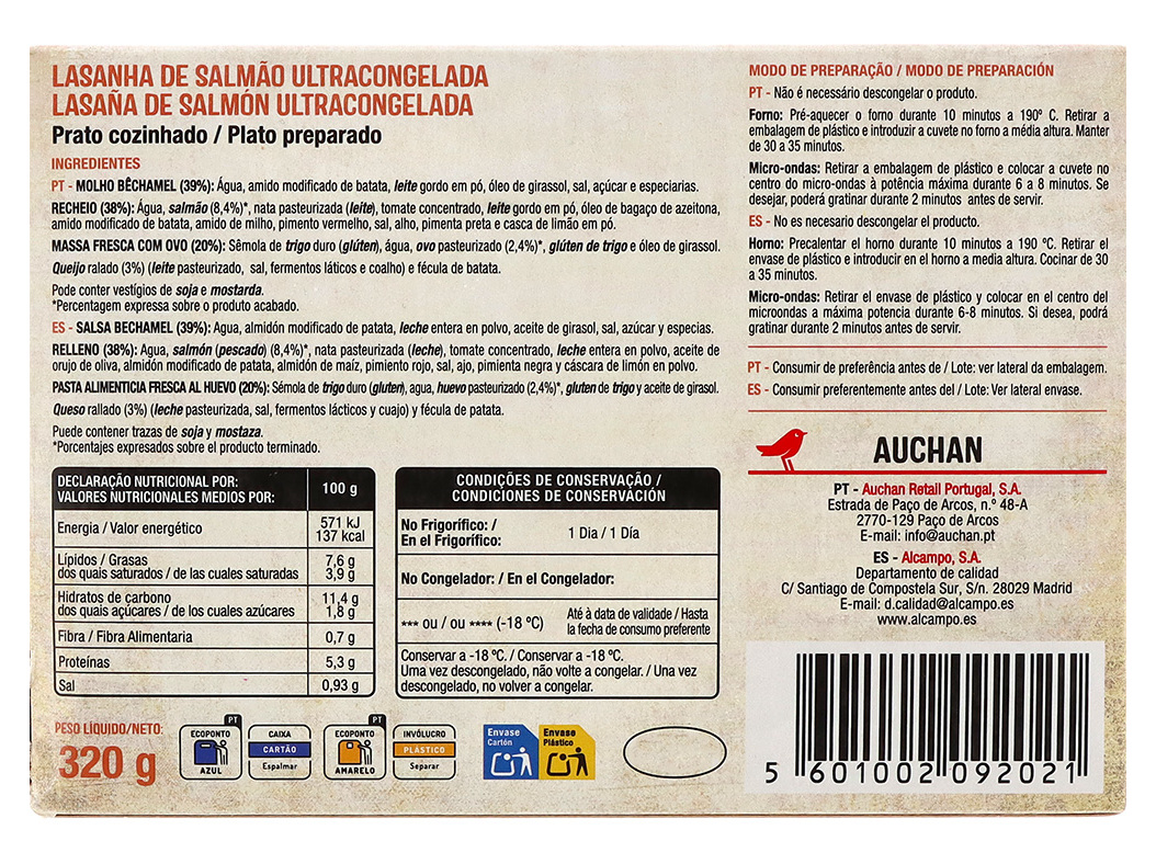 LASANHA DE SALMÃO AUCHAN ULTRACONGELADA 320G