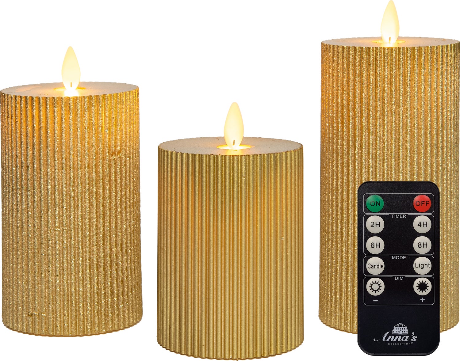 Anna's Collection LED stompkaars Rib met timer goud D 7,5 H 10 / 12,5 / 15 cm 3 stuks