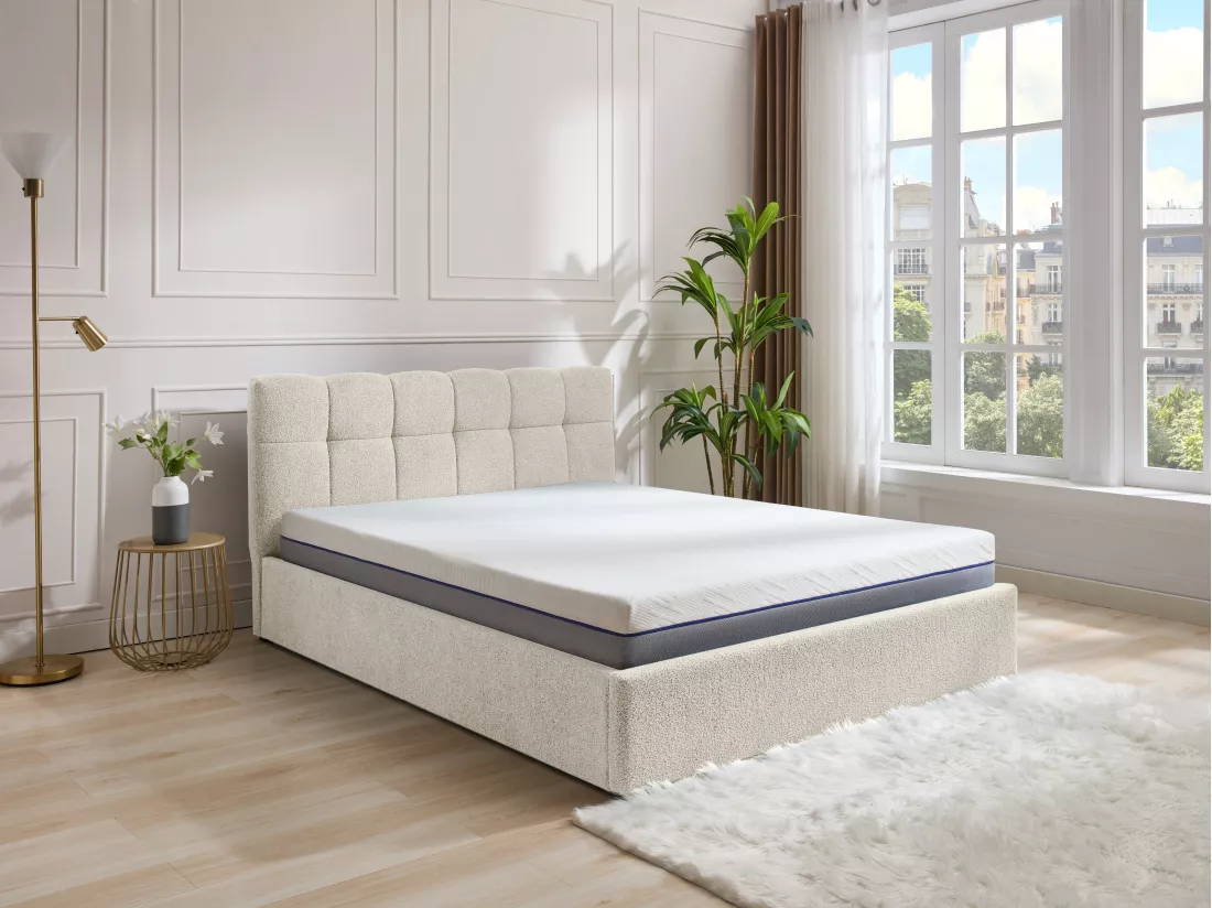 Lit coffre 140 x 190 cm - Tissu bouclette - Blanc - MAZIRI
