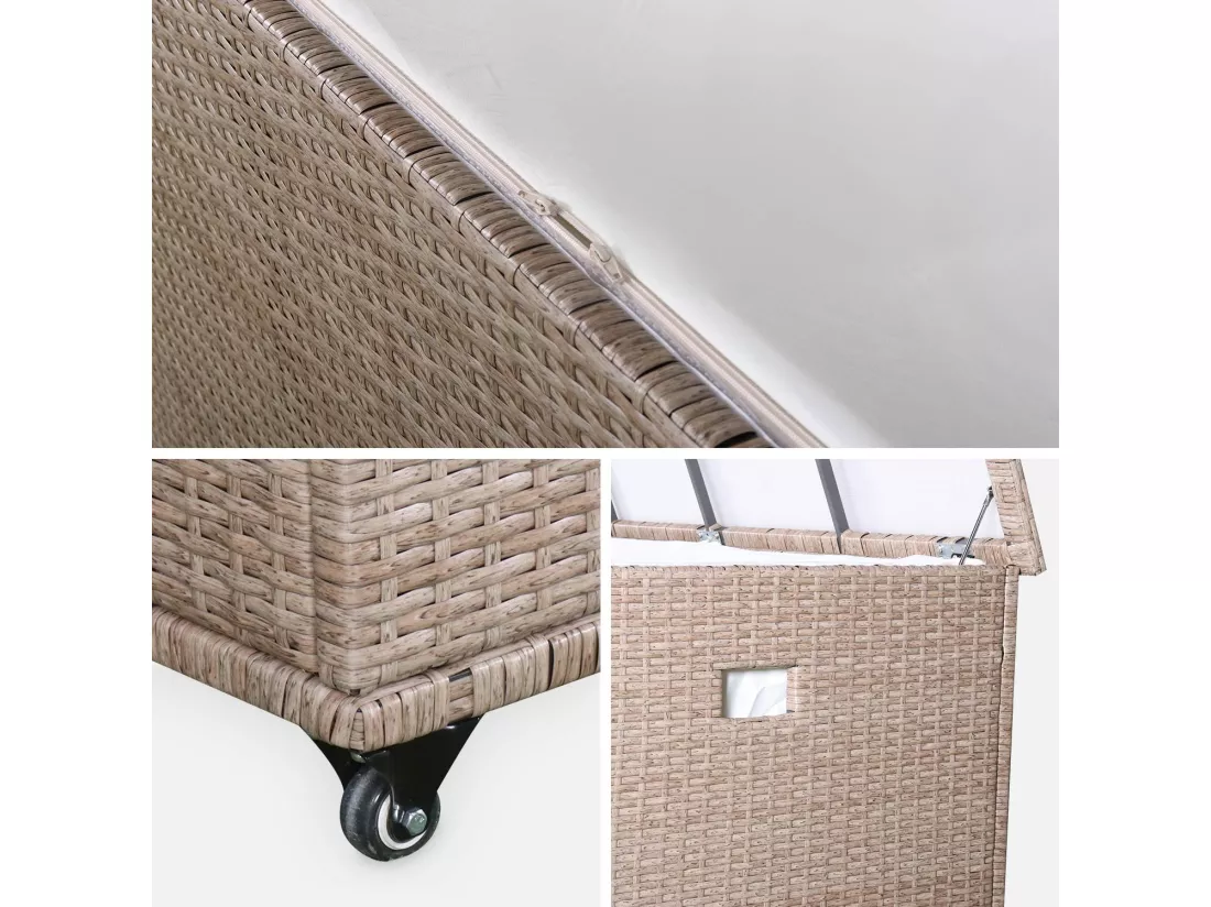 Coffre de jardin en résine tressée naturelle - Cassapanca - 790L. vérins. roulettes. poignée et housse intérieure beige. rangement coussins 162x82cm