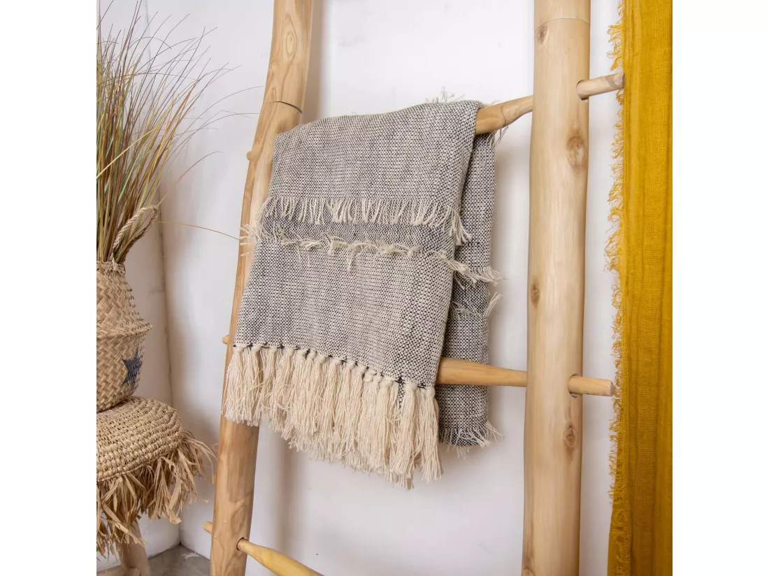 Now's Home - Plaid En Coton Tisse Main Mouchete Beige Noir Franges 125x150 Sherpa