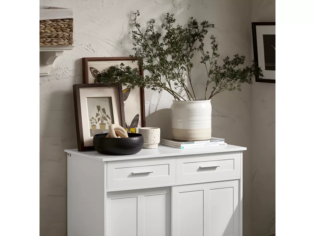 SoBuy FSB84-W Meuble de Rangement Meuble d’entrée Meuble à Chaussures Armoire Multi-rangements avec 2 Tiroirs et 2 Portes Coulissantes