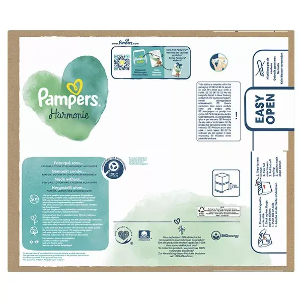 Pacote Maxi de fraldas Pampers Harmonie, tamanho 6 (para bebês com 13 kg ou mais), com embalagem de papel reciclável.