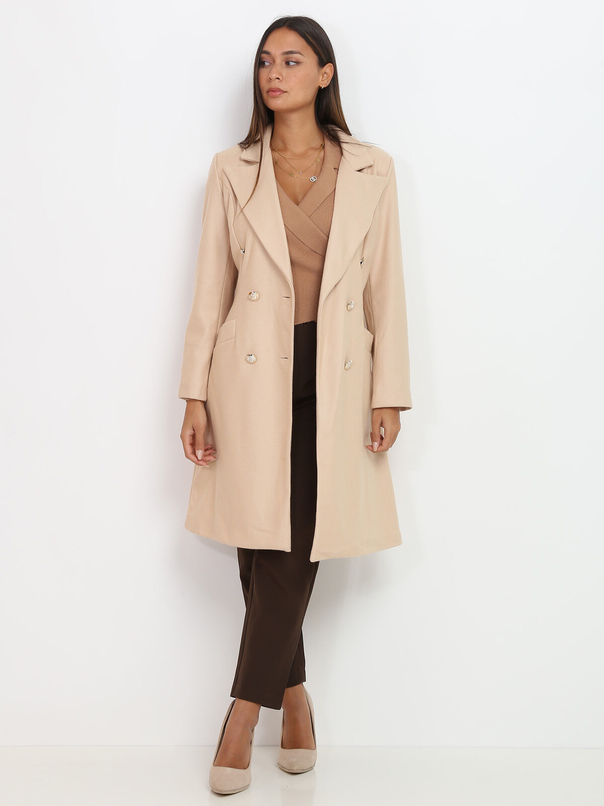 Manteau ceinturé à boutons officier- Beige