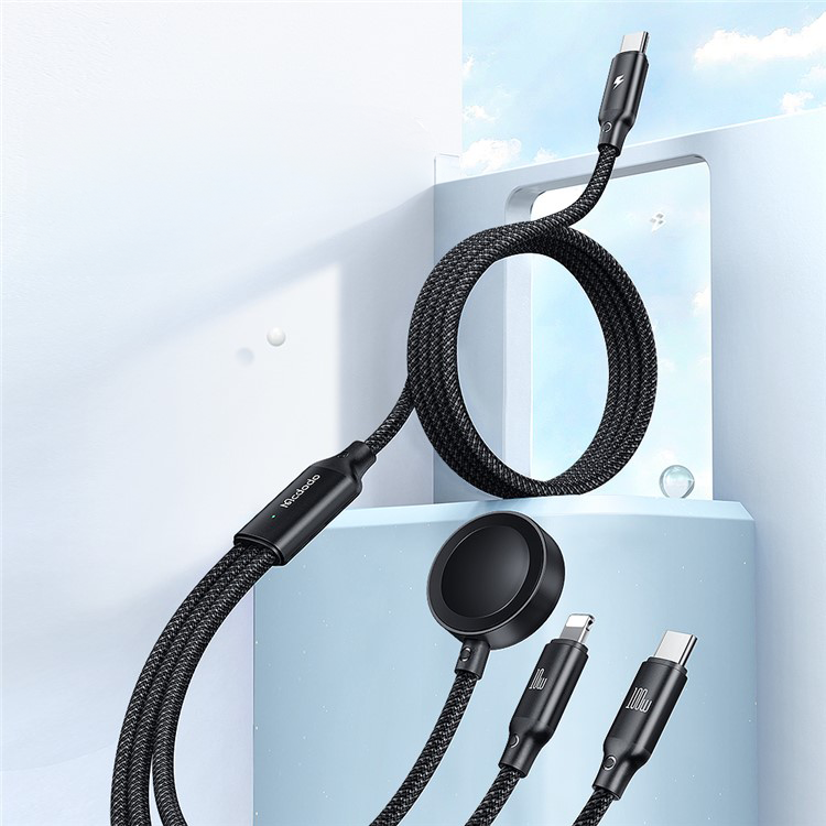 (1.2m) 100W 3in1 USB C auf USB C / Lightning / Apple Watch Magnetisches Ladekabel Nylon Datenkabel - Schwarz