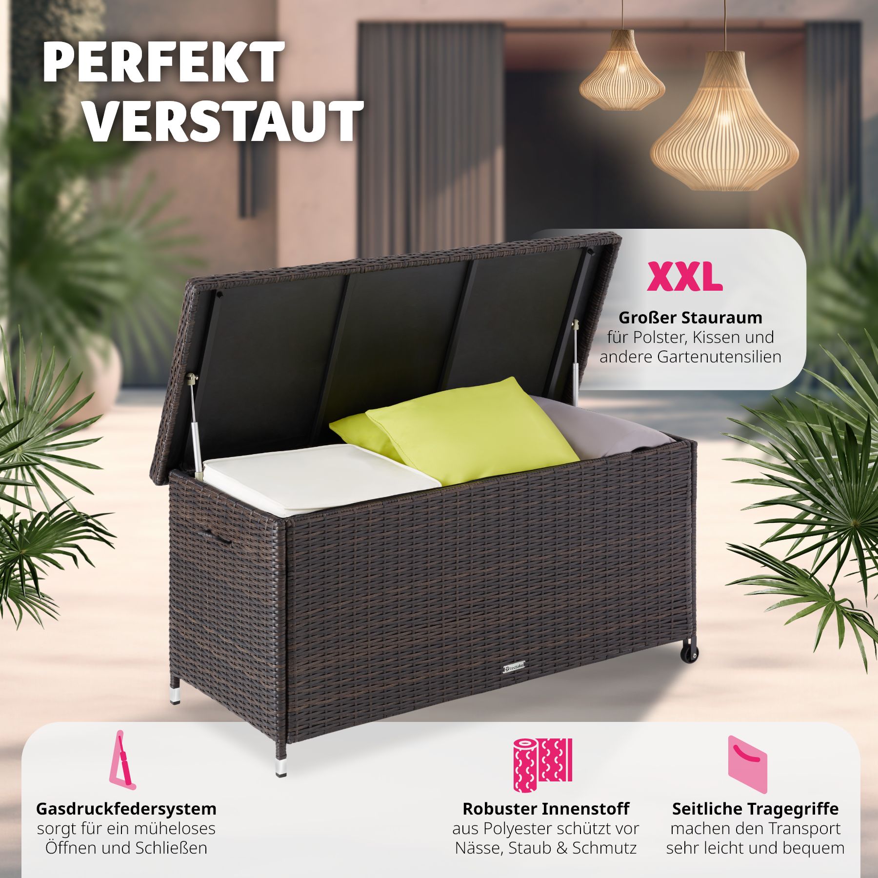 tectake® Auflagenbox, mit Rattangeflecht, komfortable Hubautomatik, 121 x 56 x 60 cm
