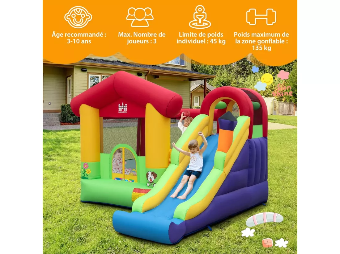 Château Gonflable avec Toboggan et Souffleur 680W, Aire de Jeux Gonflable Intérieur Extérieur avec Panier de Basket-Ball, 50 Balles Océaniques, Maison de Saut pour 3-10 Ans